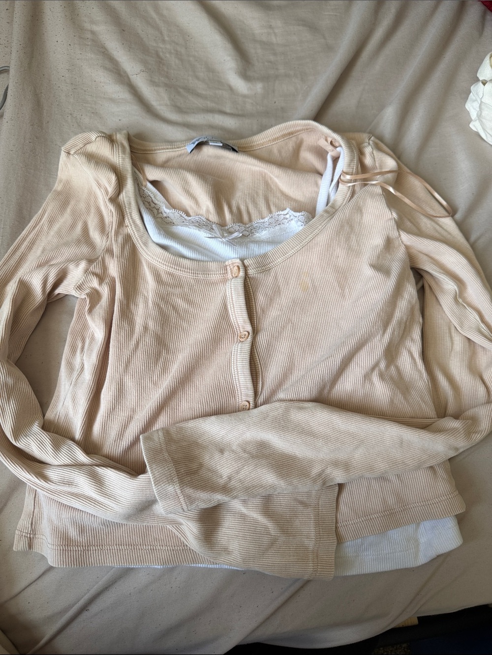 Jessica Simpson Beige Ribbed Henley Layered Tank Top